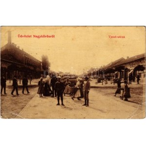 1917 Nagykőrös, Vasút utca, piac árusokkal, üzletek, gyár. W.L. 277. (Rb)