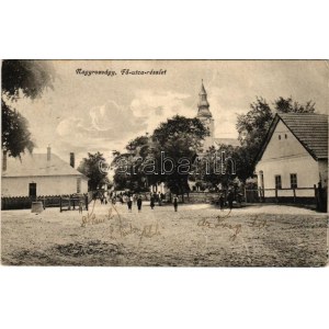 1921 Nagyrozvágy, Fő utca, kerekes kút, templom