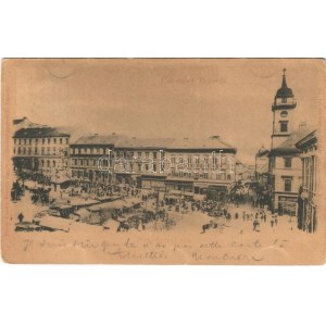1900 Pécs, Széchenyi tér, piac, Gunsberger Mór üzlete, szálloda