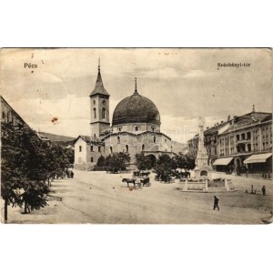1921 Pécs, Széchenyi tér, Nádor szálló, Szentháromság szobor. Elek Albert kiadása (Rb)