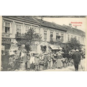 Sátoraljaújhely, Széchenyi tér, piac árusokkal, Grünwald Imre, Bürger Lajos, Kun, Lövy...