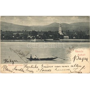 1900 Szob, Dunapart, csónakázók, templom. Hegedűs Lajos kiadása (EK)