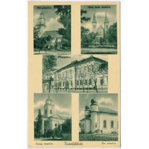 1938 Tiszaföldvár, Községháza, Református templom, Római katolikus templom, Evangélikus templom, Izraelita templom...