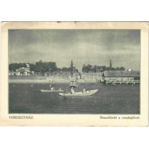 1929 Veresegyház, Strandfürdő a vendéglővel, evezős csónakok, fürdőzők. Rosenberg kiadása (kis szakadás / small tear...
