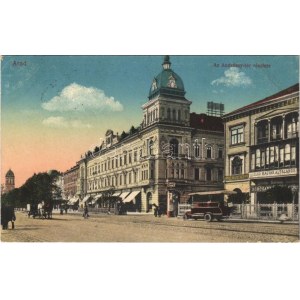 1917 Arad, Andrássy tér, autóbusz, Első Magyar Általános biztosító társaság, Nemzeti Baleset biztosító részvénytársaság...