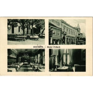 1940 Beszterce, Bistritz, Bistrita; Hotel Fritsch szálloda és étterem, autóbusz, kerthelyiség, étkező, szoba belső ...