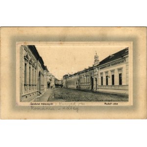 1917 Hátszeg, Hateg; Rudolf utca, Hunyadmegyei első takarékpénztár. Sbuchea Miklós kiadása / street...