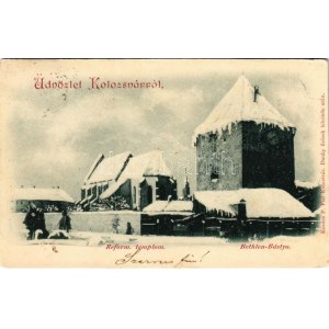 1898 (Vorläufer) Kolozsvár, Cluj; Református templom és Bethlen bástya télen. Kovács P. fiai kiadása...