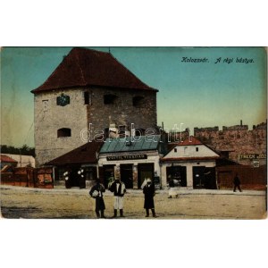 Kolozsvár, Cluj; Régi bástya, Streck József és Voith Tivadar üzlete / old castle tower, bastion, shops (r...