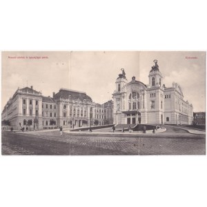 1908 Kolozsvár, Cluj; Nemzeti színház és igazságügyi palota. Schuster Emil három részes kihajtható panorámalapja ...
