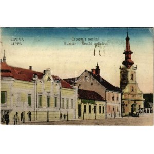 Lippa, Lipova; Catedrala romana / Búza tér, román templom, takarékpénztár / Romanian church...