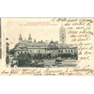 1901 Nagybánya, Baia Mare; Fő tér déli oldala, római katolikus templom, Szt. István torony, Pusztay, Klein...