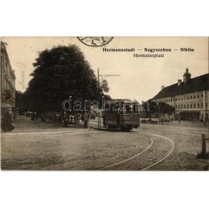 1915 Nagyszeben, Hermannstadt, Sibiu; tér, villamos. J. Bein 2915. / Hermannsplatz / square, tram (Rb...