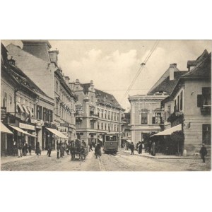 1912 Nagyszeben, Hermannstadt, Sibiu; Disznódi utca, villamos, illatszertár, üzlet, Három Tölgy söröző. Karl Graef 2412...