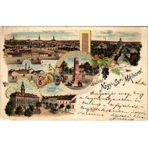1905 Nagyszentmiklós, Sannicolau Mare; Náko utca, Sörfőzde, városház, Czenzinger szálloda, Révay szobor / street...