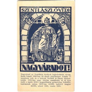 Nagyvárad, Oradea; Szent László védi Nagyváradot! irredenta képeslap szoborral / Hungarian irredenta postcard, statue s...