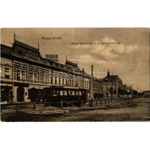 1908 Nagyvárad, Oradea; Nagy piac tér, Lloyd épület, villamos, Andrényi Károly és fiai üzlete. W.L. 971. / square, tram...