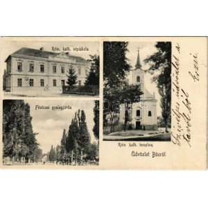 1906 Bős, Böős, Bes, Gabcikovo; Római katolikus népiskola és templom, Fő utca gyalogjárda / school and church...
