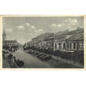 Eperjes, Presov; Masaryk utca, automobilok, Tátra Bank, üzletek / Masaryková ul. / street, bank...