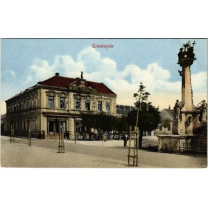 Érsekújvár, Nové Zamky; Nemzeti szálloda, Frisch üzlete, szobor / hotel, statue, shops