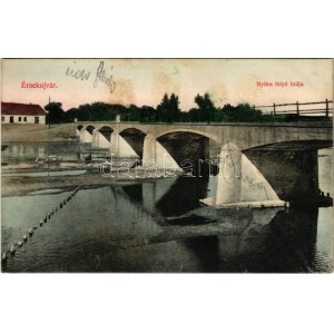 1912 Érsekújvár, Nové Zámky; Nyitra folyó hídja. Vasúti tőzsde kiadása / Nitra river bridge (fl...
