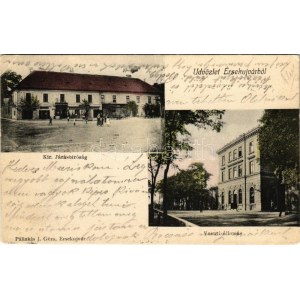 1905 Érsekújvár, Nové Zamky; Kir. Járásbíróság, vasútállomás, Hangos István Őrangyal temetkezési vállalata...