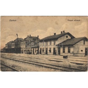 Lipótvár, Újvároska, Leopoldov; Vasútállomás. Vasúti levelezőlapárusítás 4. 1918. / railway station (fl...