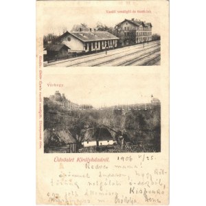 1906 Királyháza, Korolevo, Královo nad Tisou; vasútállomás, vasúti vendéglő és tiszti lak, Várhegy...