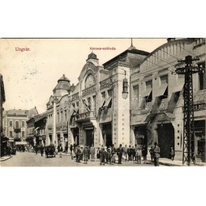 1911 Ungvár, Uzshorod, Uzhhorod, Uzhorod; utca, Korona szálloda, Horvát üzlete / street view, hotel...