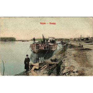 1907 Eszék, Osijek, Essegg; kikötő, MÁV 206-os számú uszály / port, barge (EK)