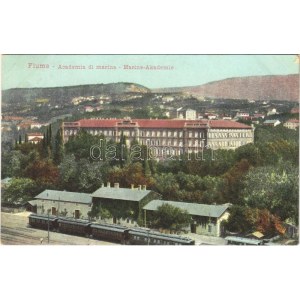 1909 Fiume, Rijeka; Osztrák-magyar haditengerészeti akadémia, vasútállomás vonattal / Academia di marina / K.u.K...