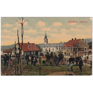 1920 Udbina, Fő tér, templom, üzlet / main square, church, shop (ragasztónyom / gluemark)