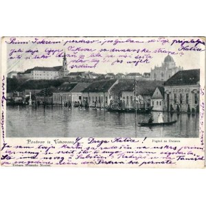 1900 Vukovar, Pogled sa Dunava. Tiskara Sriemske Novine / Dunai árvíz, zsinagóga / Danube flood, synagogue (EK...