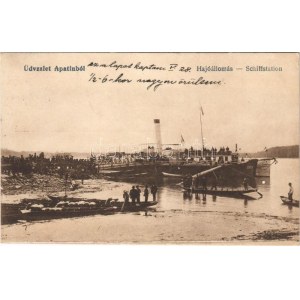 1918 Apatin, Hajóállomás, gőzhajó. Lotterer Antal kiadása / Schiffstation / ship station, steamship (r...