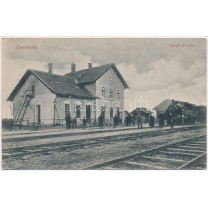 1918 Cservenka, Crvenka; vasútállomás, gőzmozdony. Geyer László kiadása / railway station, locomotive (EK...