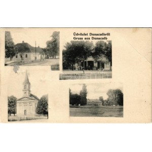1908 Dunacséb, Dunaczéb, Celarevo; Dungyerszky kastély, templom, Schuhmacher Károly üzlete / castle, church, shop (Rb...