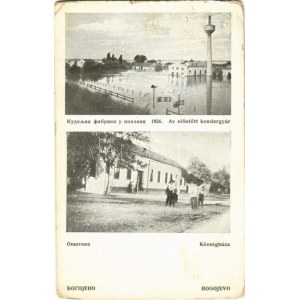 1925 Gombos, Bogojevo; községháza, az 1924-es árvízben elöntött kendergyár / town hall, hemp factory in the flood ...