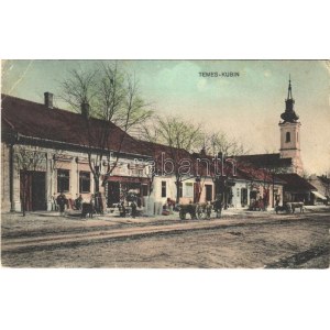1910 Kevevára, Temeskubin, Kovin; E. Senlager vasraktára, üzletek, templom. Julius D. kiadása / street view, shops...