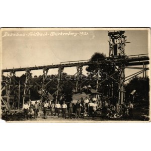 1927 Feldbach-Bad Gleichenberg, Landesbahn Bahnbau / Standard-gauge railway construction with workers, wooden bridge...