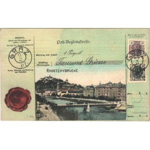 1908 Graz, Radetzky Brücke / bridge. Post-Begleitadresse montage (Rb)