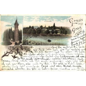 1896 (Vorläufer!) Graz, Hilmteich, Hilmwarte / lake, look out tower. Louis Glaser floral, litho