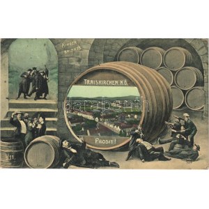 1911 Traiskirchen, Kinder trinkts, Prosit! / montage with beer barrel and drunk men (fl)