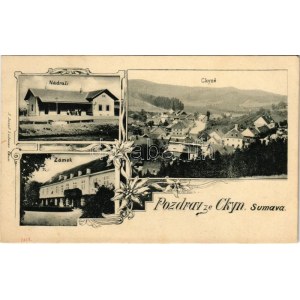 Ckyne (Sumava), Nádrazi, Zámek / railway station, castle. Art Nouveau, floral