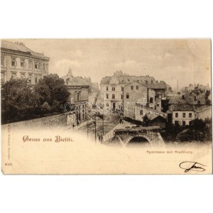 1898 Bielsko-Biala, Bielitz; Sparkasse mit Stadtberg / savings bank and hill