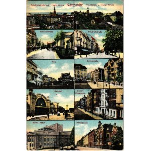 Katowice, Kattowitz; Friedrichstrasse und Kath. Kirche, Bahnhofstrasse, Ring, Bahnhof, Stadt-Theater, Hotelstrasse...