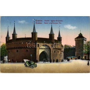 1916 Kraków, Krakau; Rondel i brama floryanska / Bastei und Floryaner Tor / tower and gate, automobile...