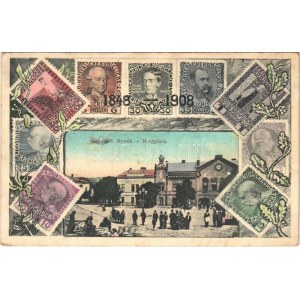 1914 Sanok, Rynek / Ringplatz / market square, Jewish men, Judaica. Art Nouveau with Austrian stamps