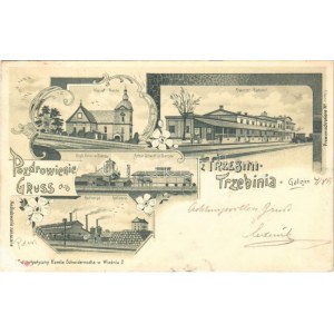 1899 (Vorläufer) Trzebinia, Tchebin (Galizien); Kosciol, Dworzec, Rafinerya, Szyb Artur w Sierszy / Kirche, Bahnhof...
