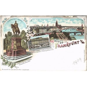 Frankfurt, Kaiser Wilhelm I Denkmal, Hotel Schwan / statue, hotel. Kunstanstalt Karl Schwidernoch Art Nouveau, floral...