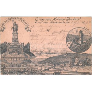 1894 (Vorläufer!) Rüdesheim am Rhein, Gruss vom National-Denkmal auf dem Niederwald, Burg Ehrenfels / Memorial monument...